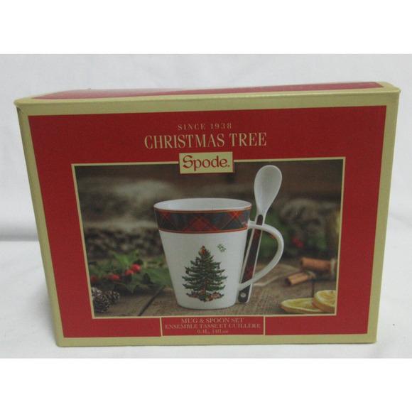 Spode Mug & Spoon set- Christmas Tree, Tartan Plaid 14oz New in Box Gift - Picture 7 of 9